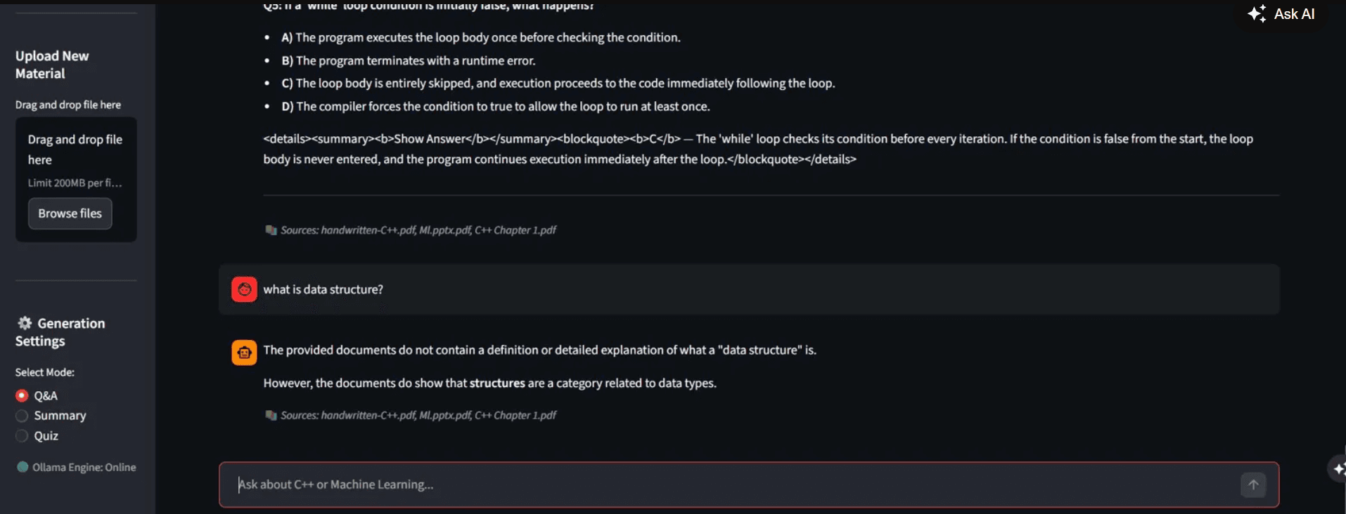 TaLibAI interface explaining that the indexed documents do not fully cover the user's question.